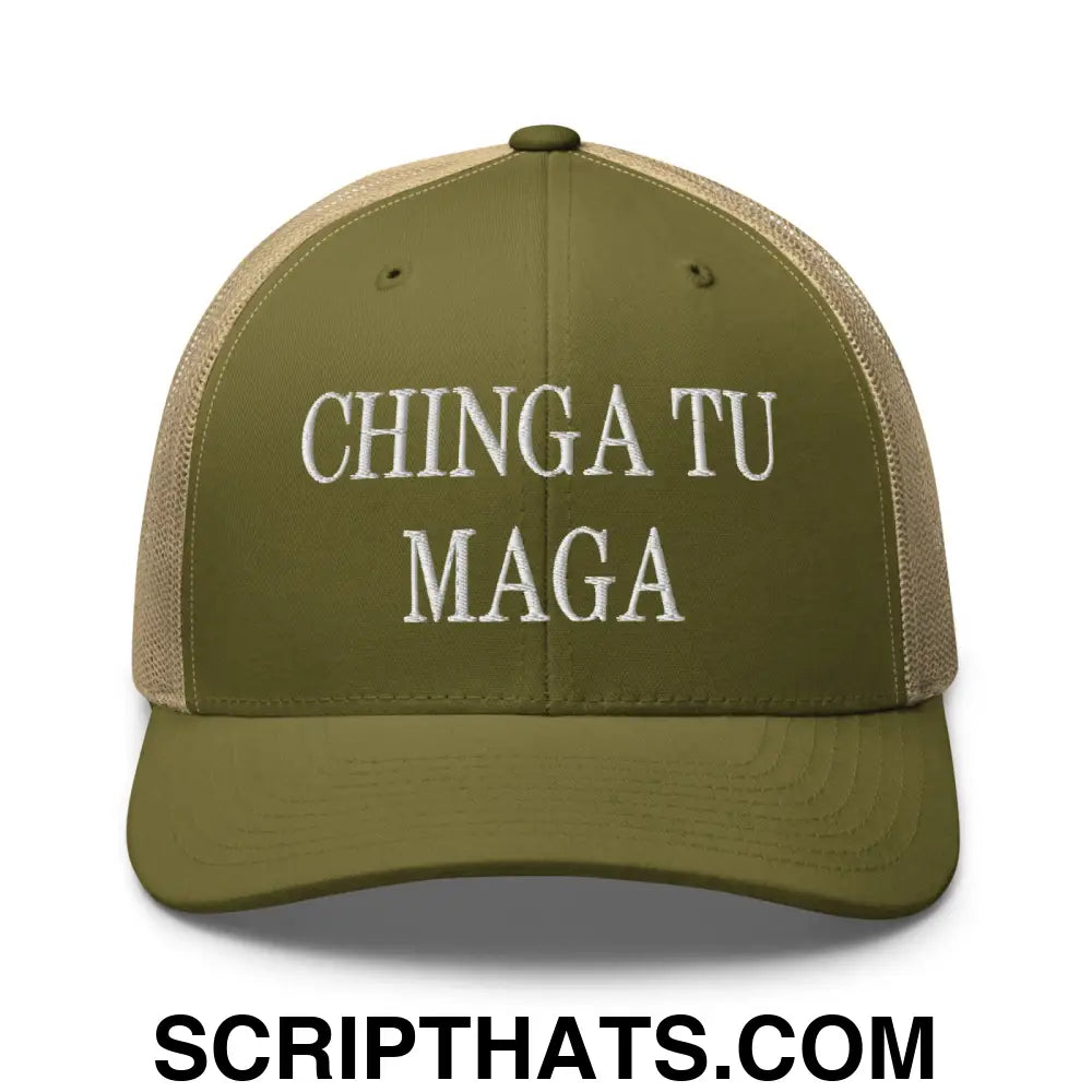 Chinga Tu MAGA Embroidered Mesh Trucker Hat Moss Khaki