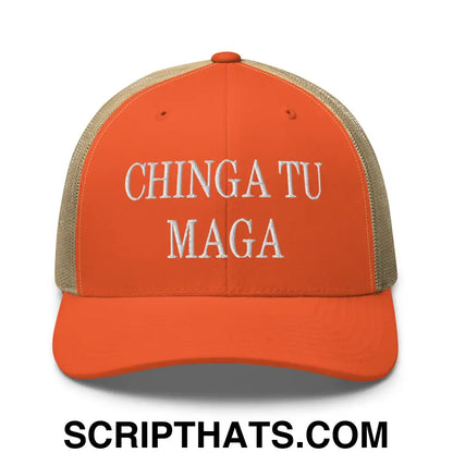 Chinga Tu MAGA Embroidered Mesh Trucker Hat Rustic Orange Khaki