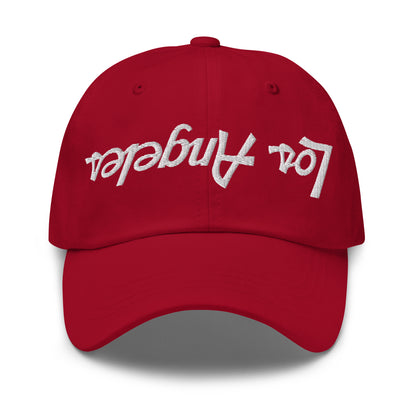 Upside Down Los Angeles LA Vintage Sports Script Embroidered Dad Hat Cranberry