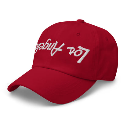 Upside Down Los Angeles LA Vintage Sports Script Embroidered Dad Hat Cranberry