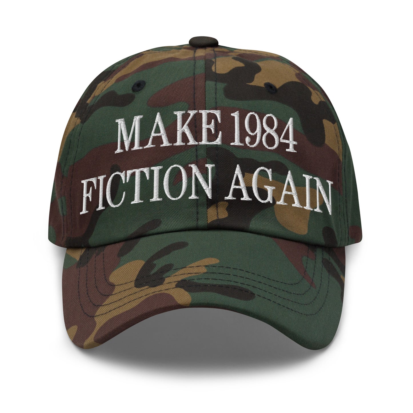 Make 1984 Fiction Again Embroidered Dad Hat Green Camo