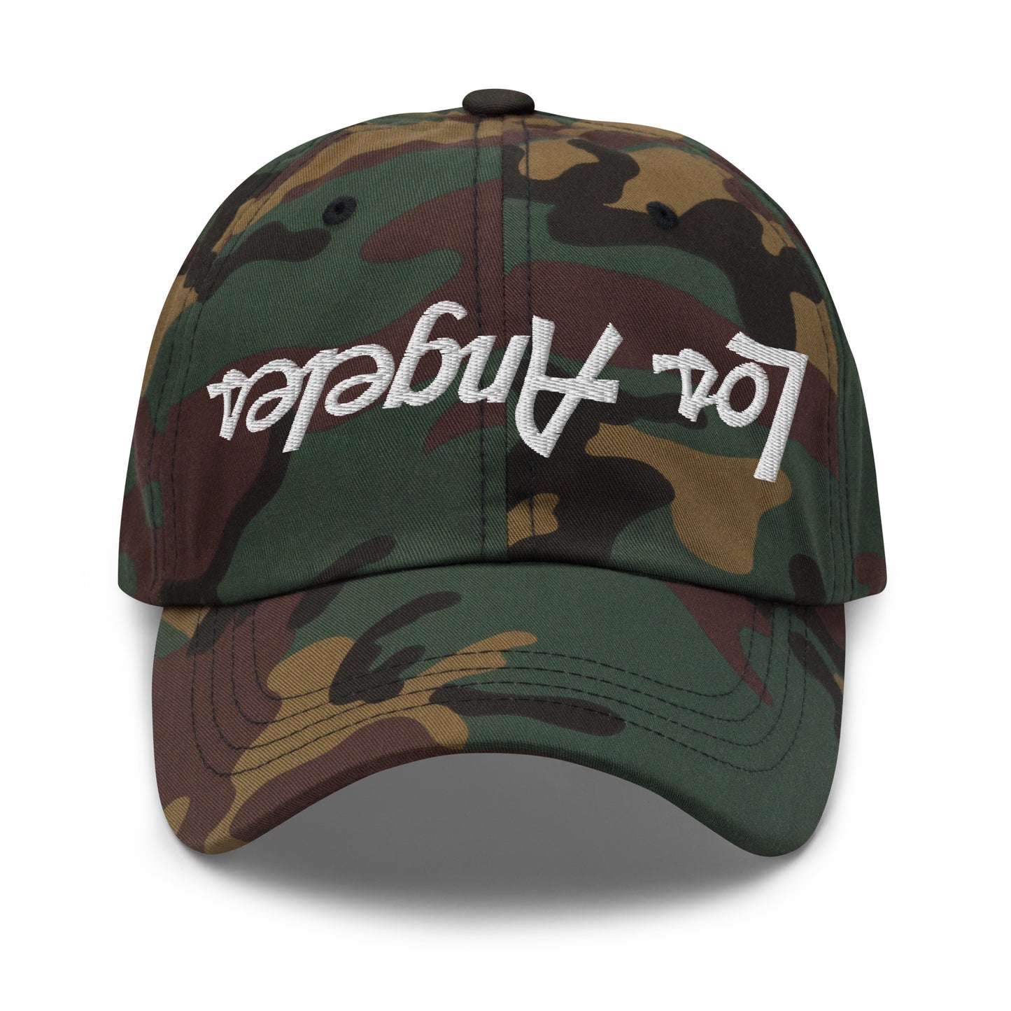 Upside Down Los Angeles LA Vintage Sports Script Embroidered Dad Hat Green Camo