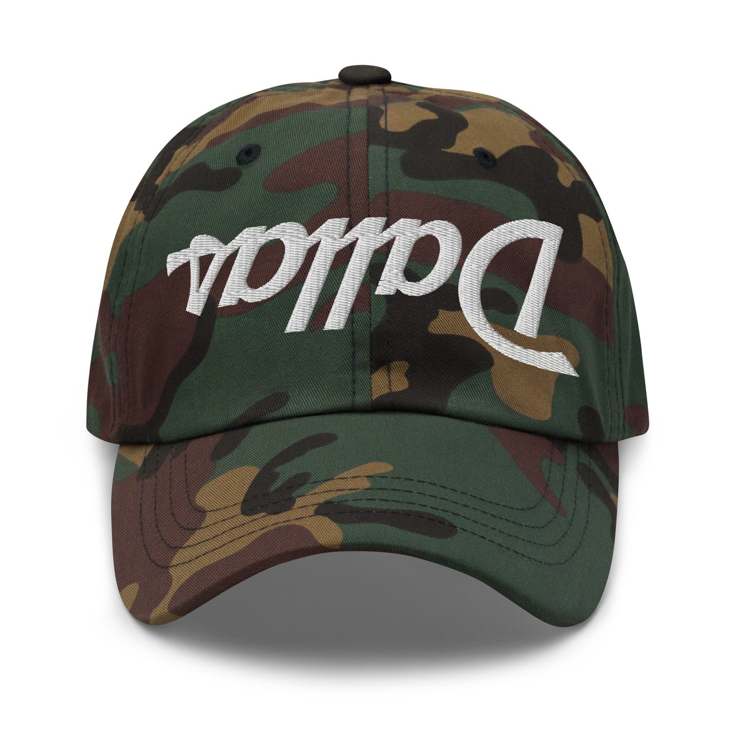 Upside Down Dallas Vintage Sports Script Embroidered Dad Hat Green Camo