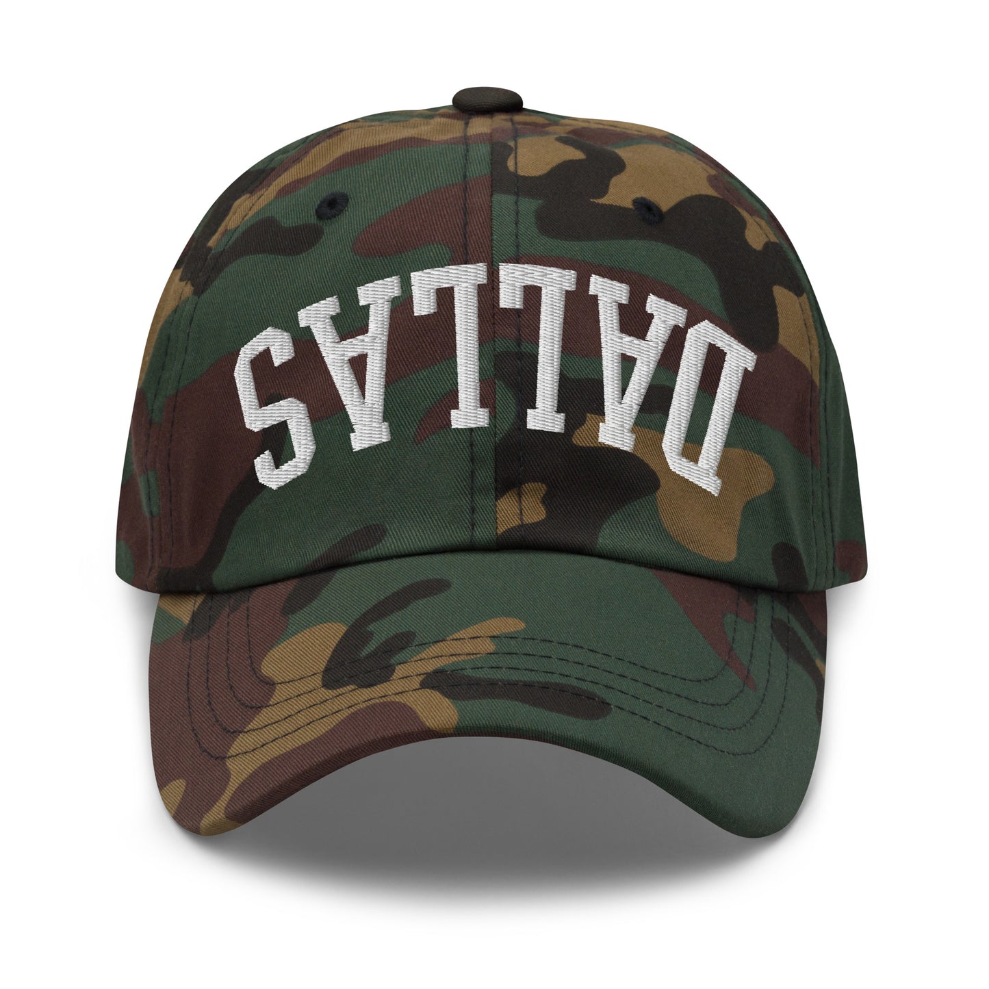 Upside Down Dallas Varsity Letterman Embroidered Dad Hat Green Camo