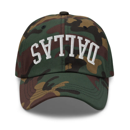 Upside Down Dallas Varsity Letterman Embroidered Dad Hat Green Camo