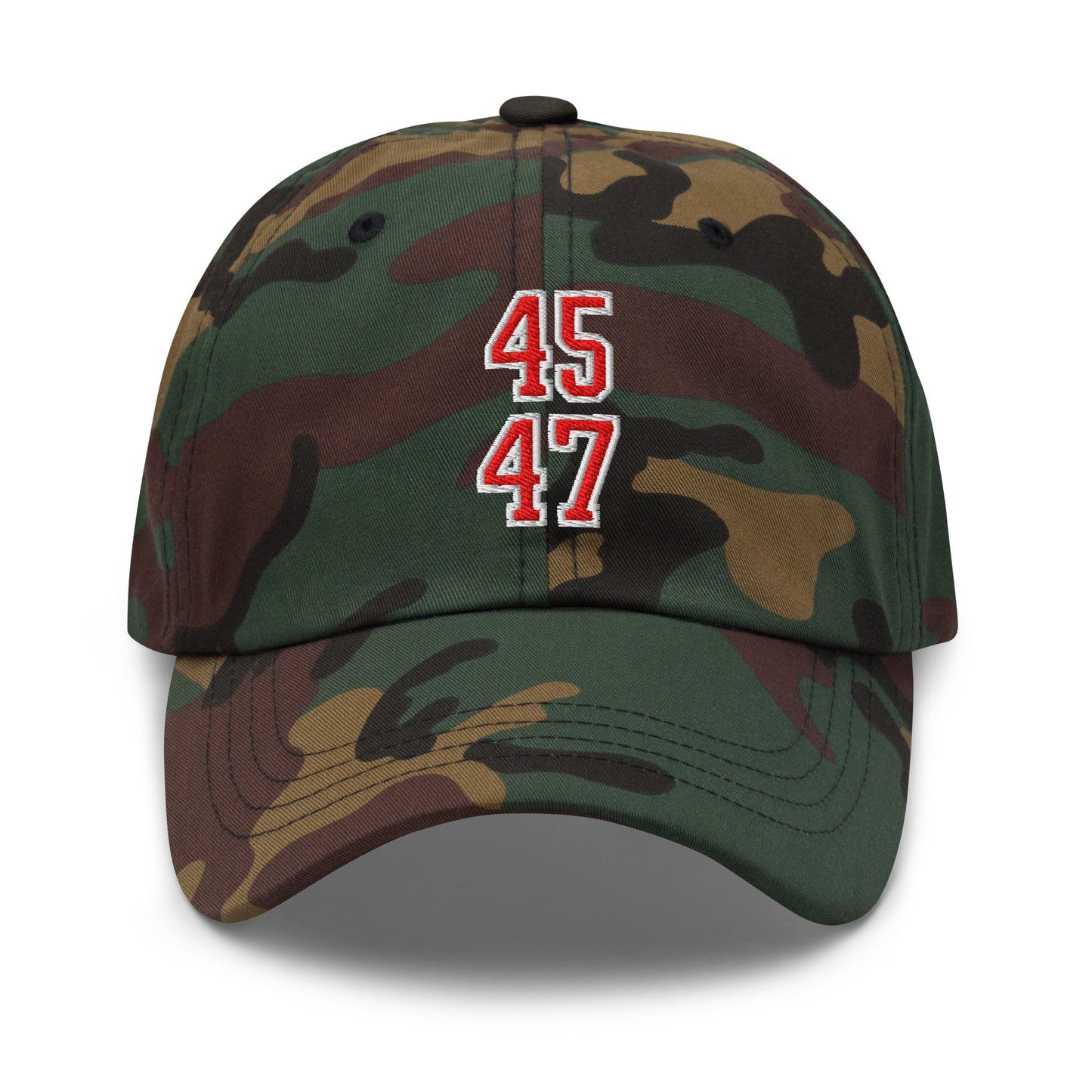 Donald Trump 45-47 Embroidered Dad Hat Red/White Green Camo