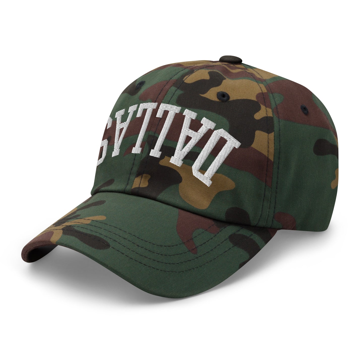 Upside Down Dallas Varsity Letterman Embroidered Dad Hat Green Camo