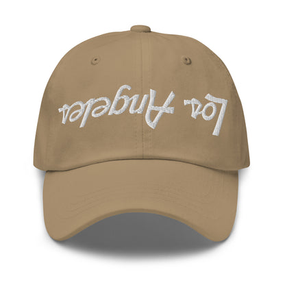 Upside Down Los Angeles LA Vintage Sports Script Embroidered Dad Hat Khaki