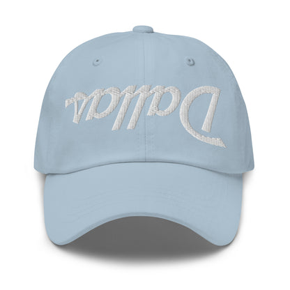 Upside Down Dallas Vintage Sports Script Embroidered Dad Hat Light Blue