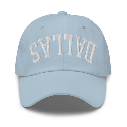 Upside Down Dallas Varsity Letterman Embroidered Dad Hat Light Blue