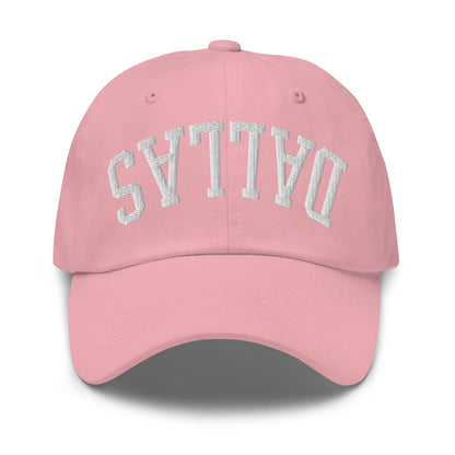 Upside Down Dallas Varsity Letterman Embroidered Dad Hat Pink