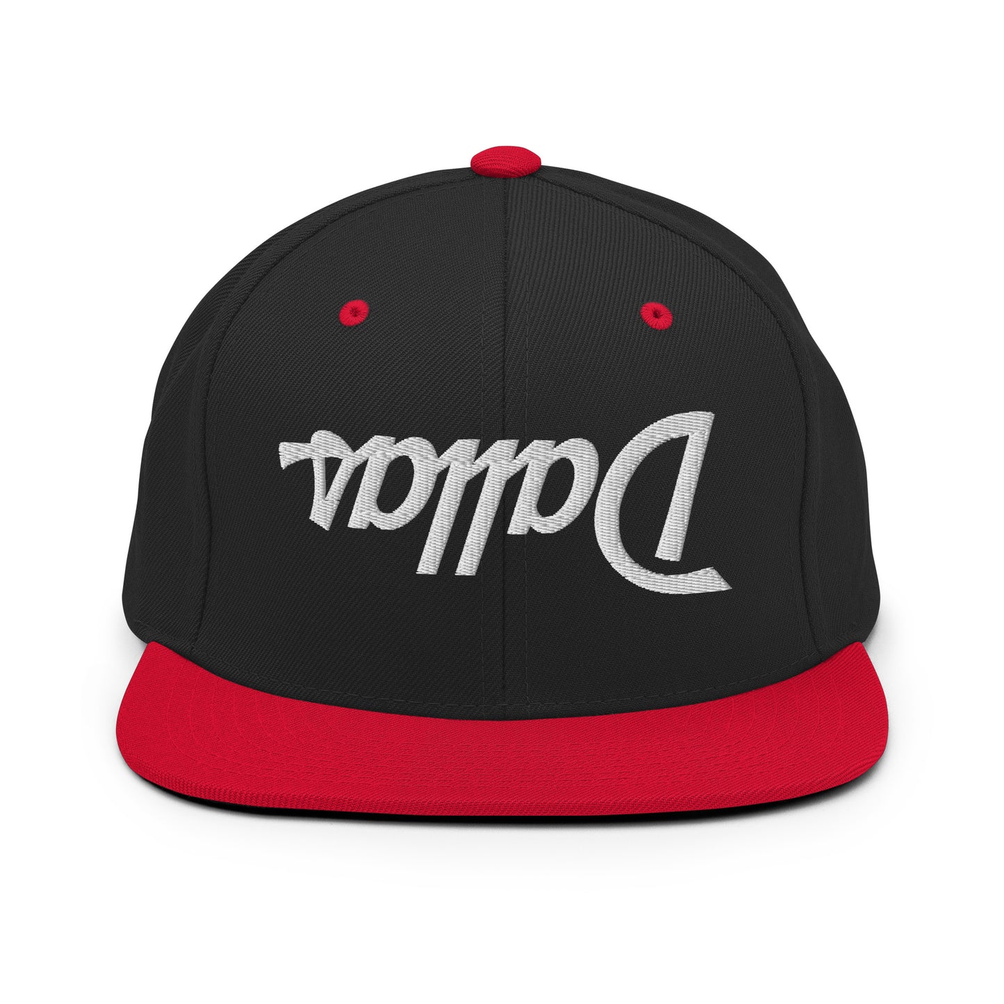 Upside Down Dallas Vintage Sports Script Flat Bill Brim Snapback Hat Black Red