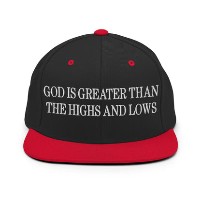 God is Greater than the Highs and Lows Embroidered Flat Bill Brim Snapback Hat Black Red