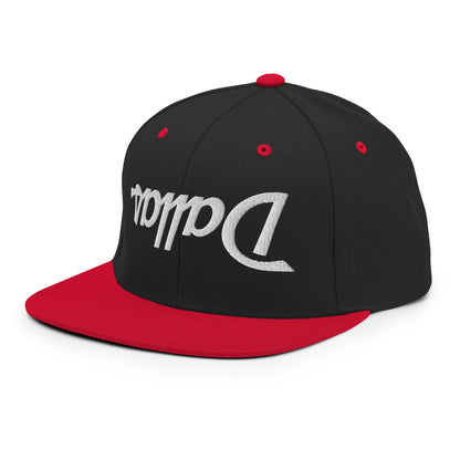 Upside Down Dallas Vintage Sports Script Flat Bill Brim Snapback Hat Black Red