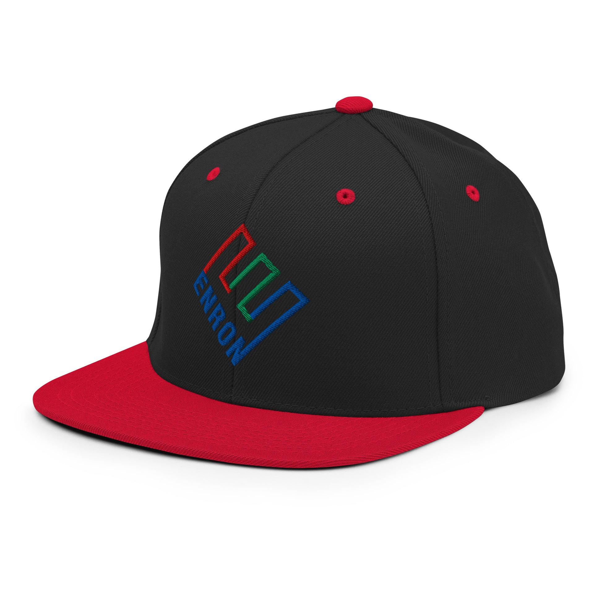 Enron Embroidered Flat Bill Brim Snapback Hat Black Red