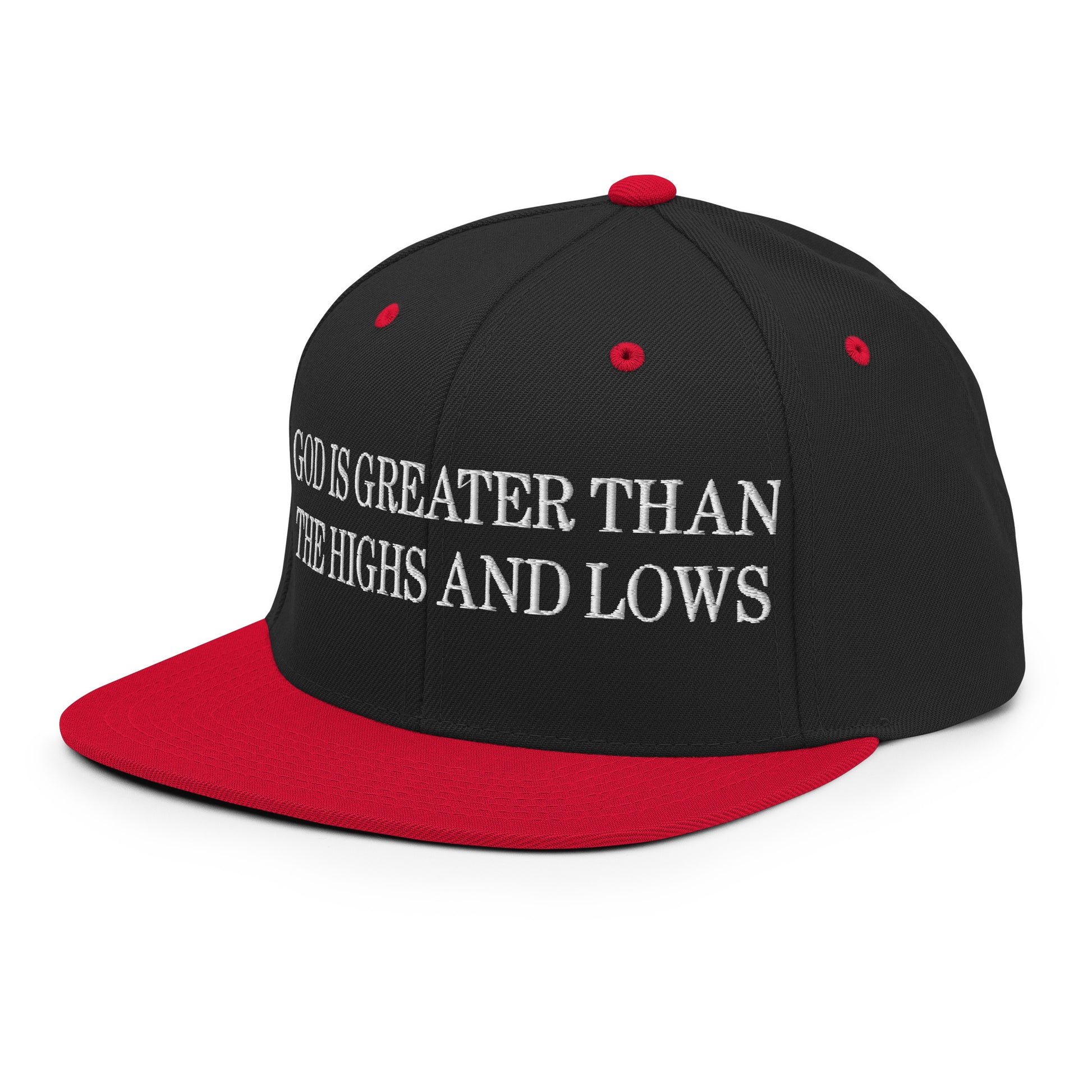 God is Greater than the Highs and Lows Embroidered Flat Bill Brim Snapback Hat Black Red