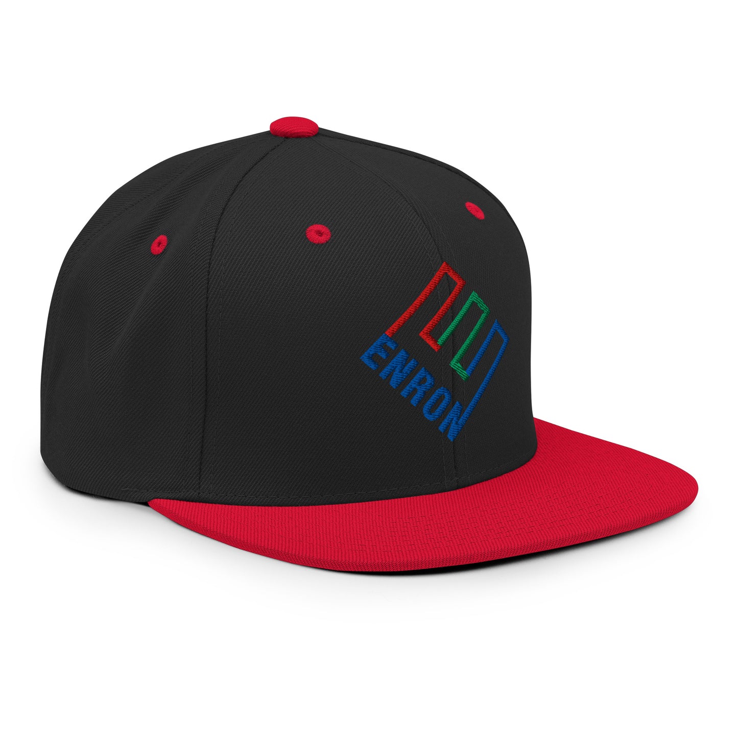 Enron Embroidered Flat Bill Brim Snapback Hat Black Red