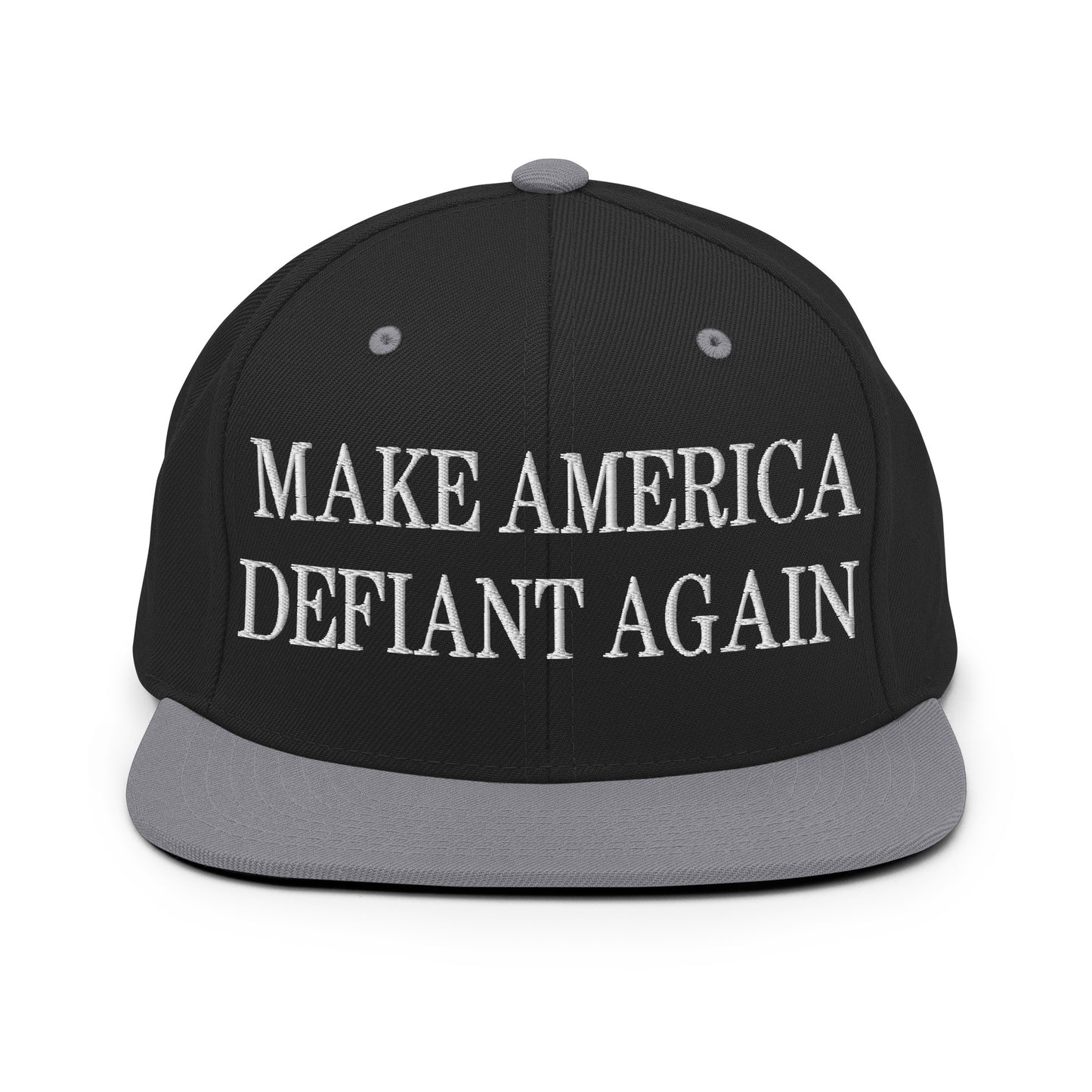 Make America Defiant Again Embroidered Flat Bill Brim Snapback Hat Black Silver