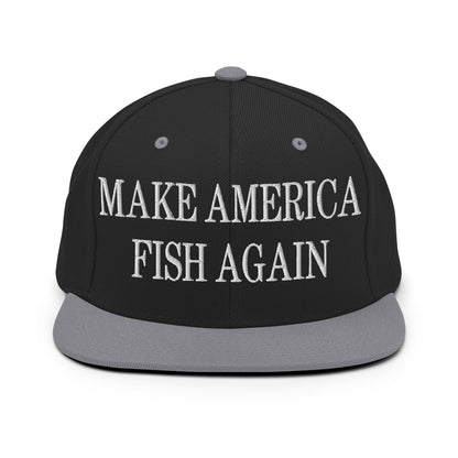 Make America Fish Again Embroidered Flat Bill Brim Snapback Hat Black Silver