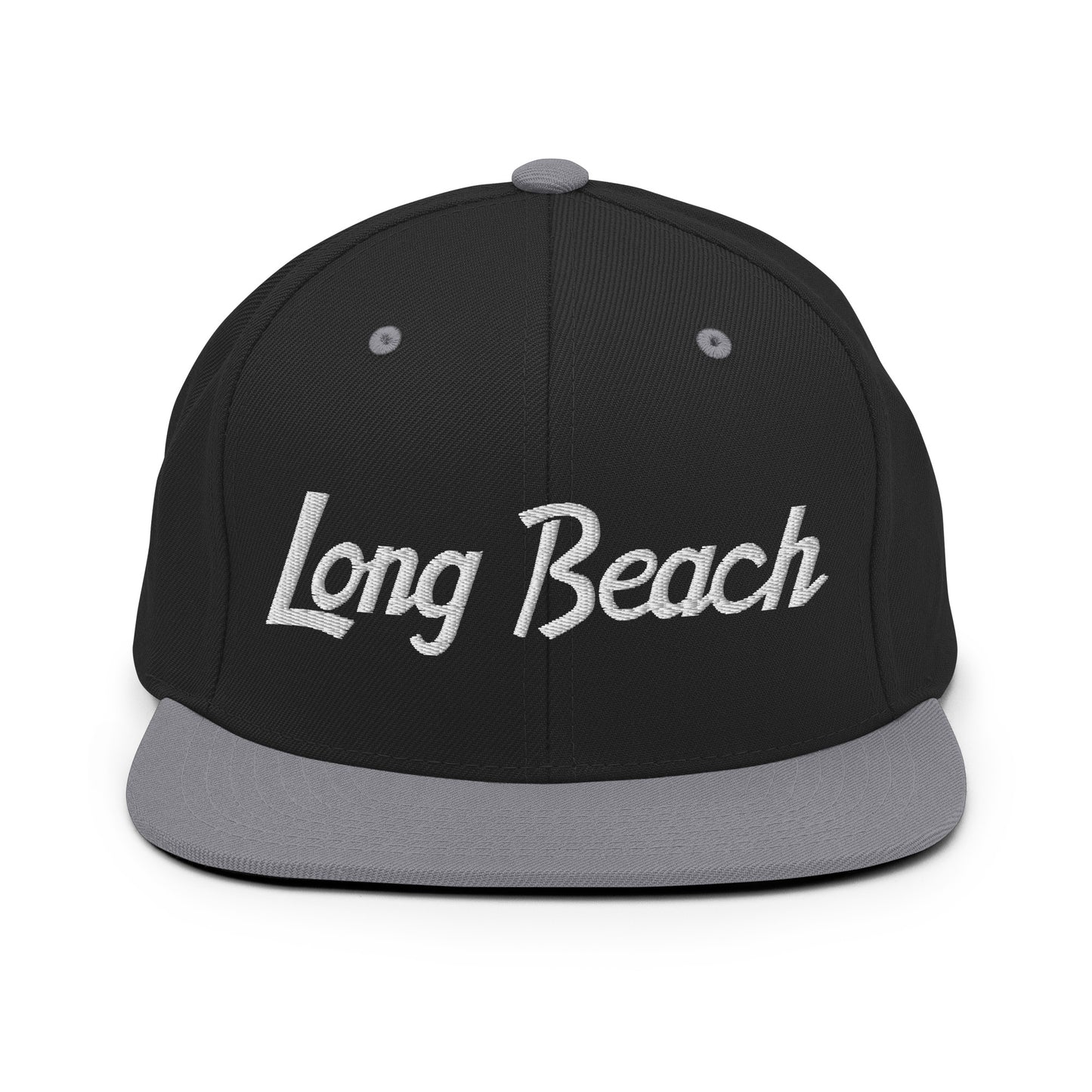 Long Beach Script Snapback Hat Black Silver