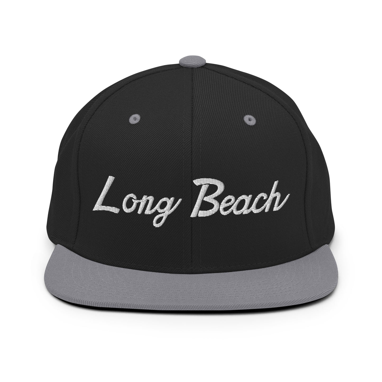 Long Beach II Script Snapback Hat Black Silver