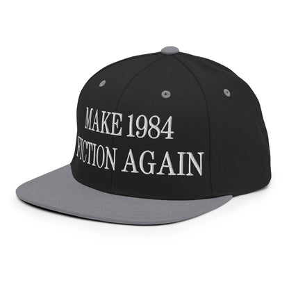 Make 1984 Fiction Again Embroidered Flat Bill Brim Snapback Hat Black Silver