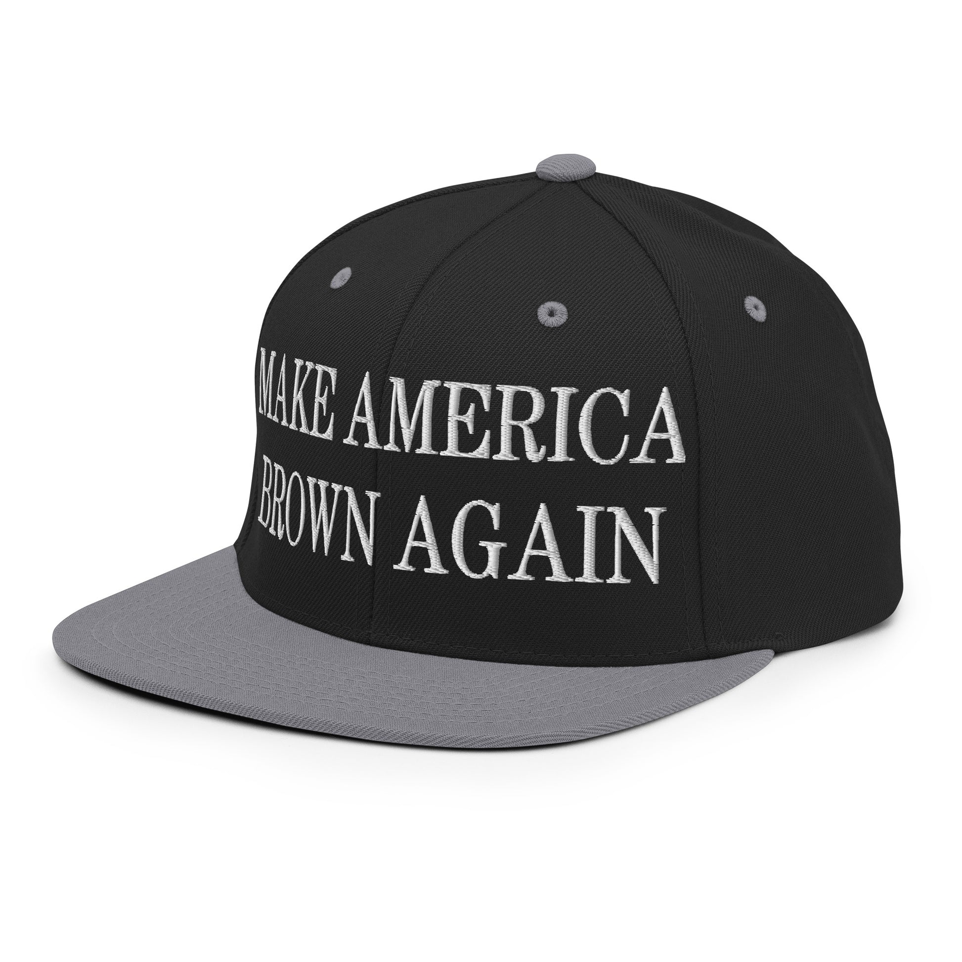 Make America Brown Again Embroidered Flat Bill Brim Snapback Hat Black Silver