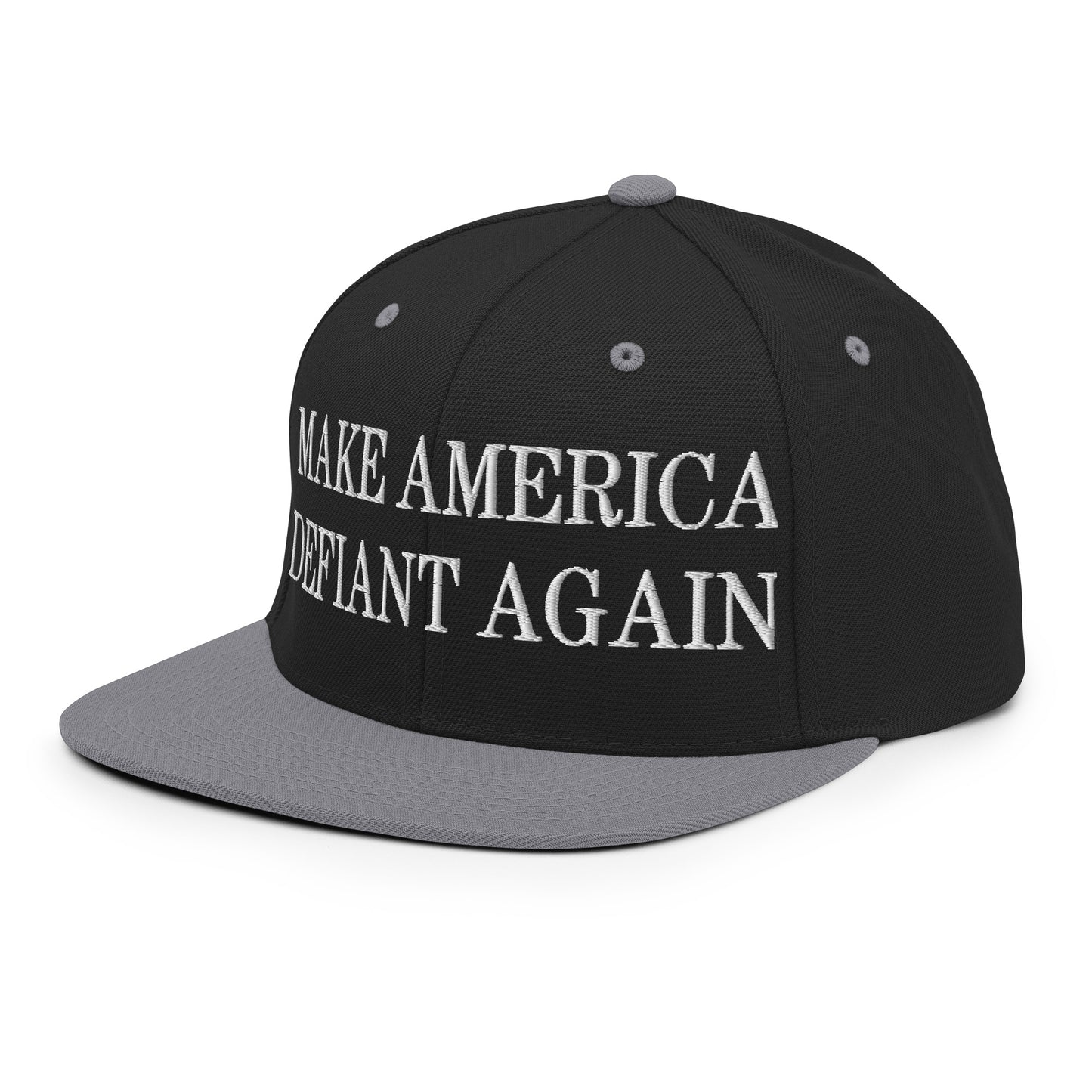 Make America Defiant Again Embroidered Flat Bill Brim Snapback Hat Black Silver