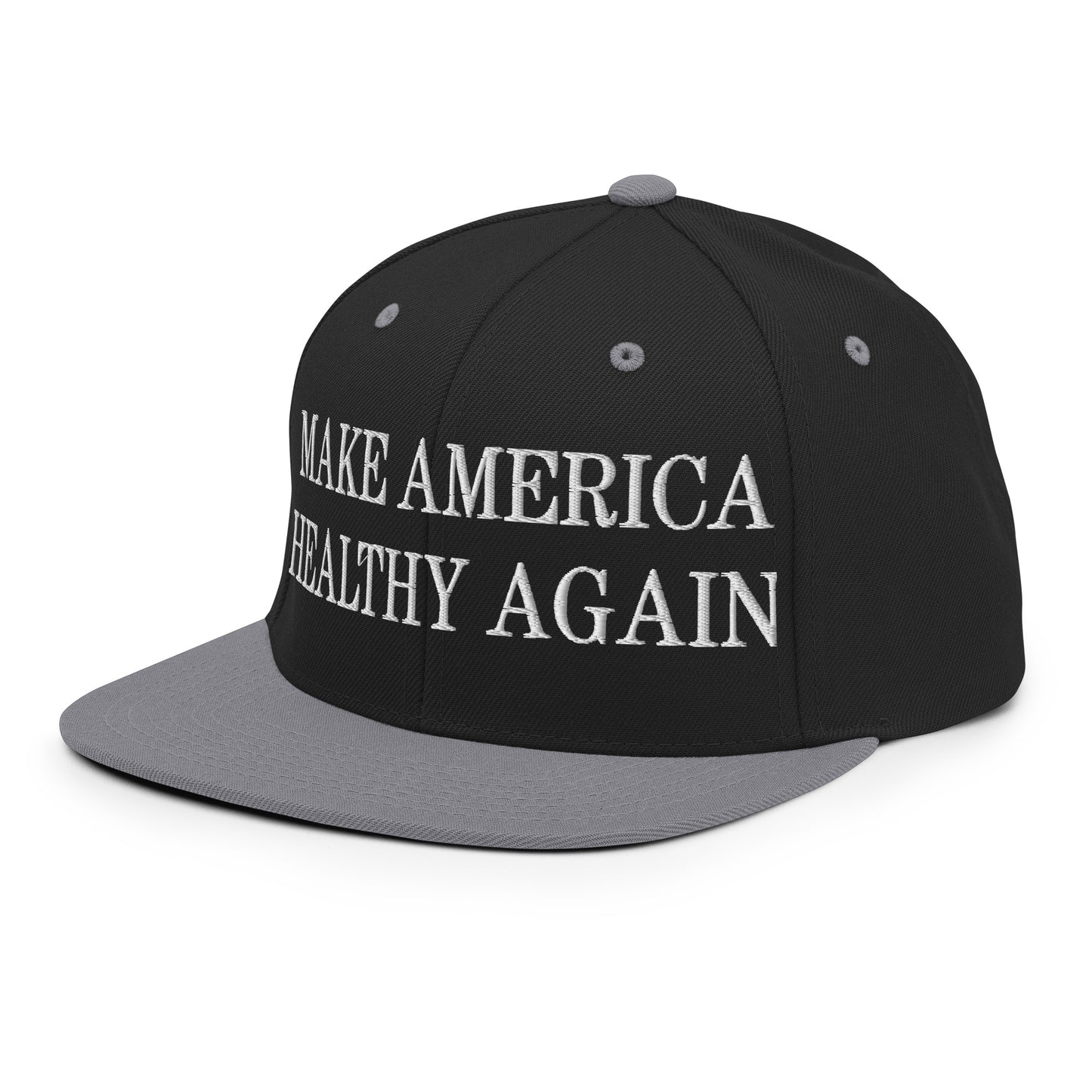 Make America Healthy Again Embroidered Flat Bill Brim Snapback Hat Black Silver