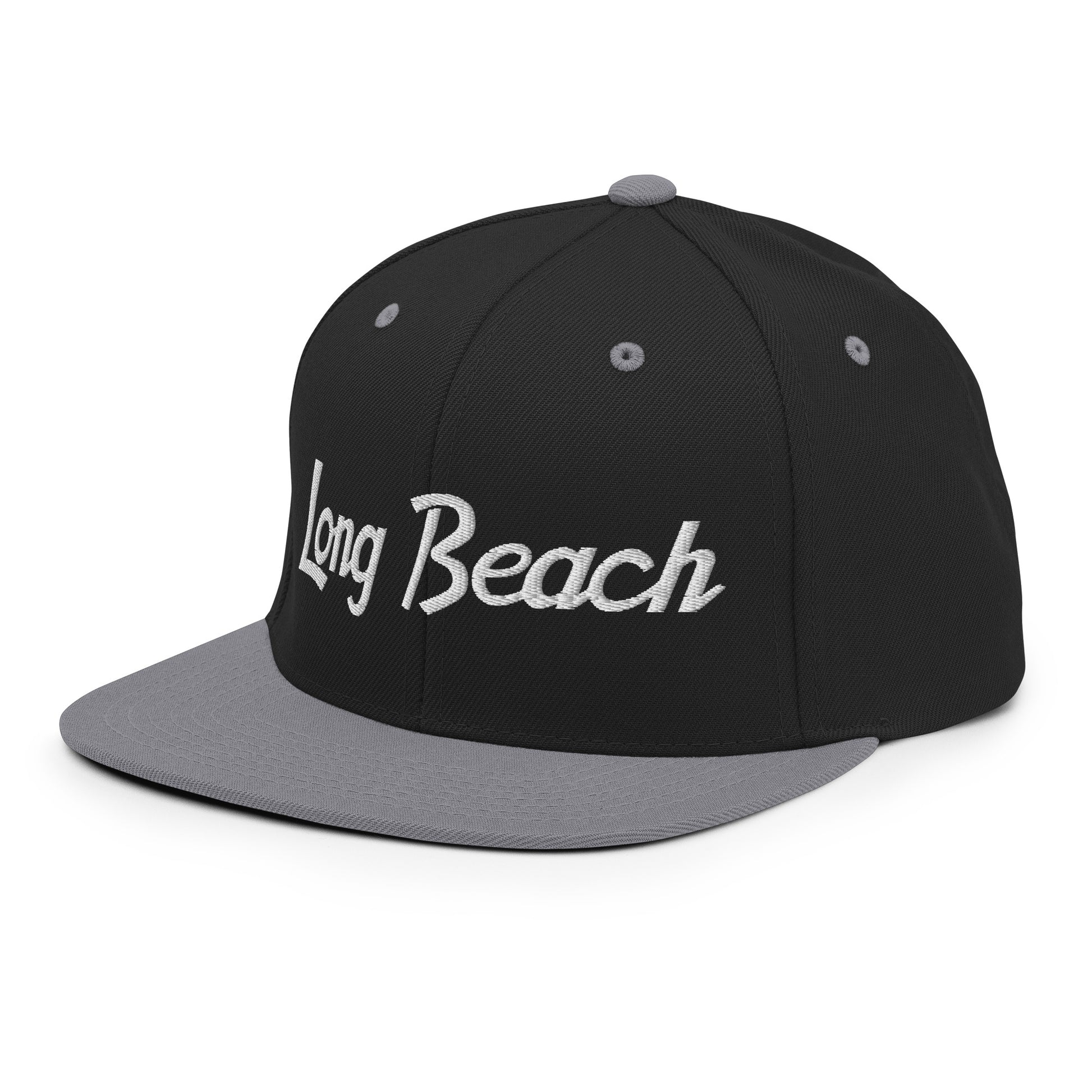 Long Beach Script Snapback Hat Black Silver