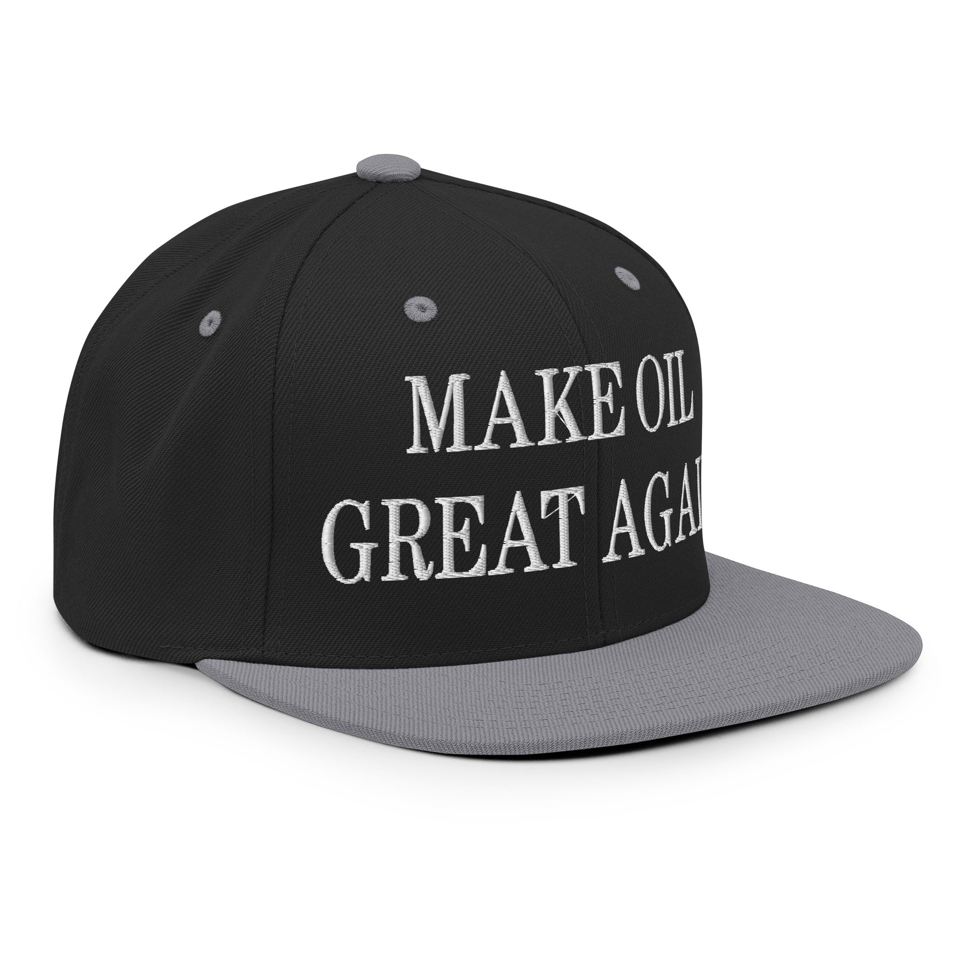 Make Oil Great Again Embroidered Flat Bill Brim Snapback Hat Black Silver