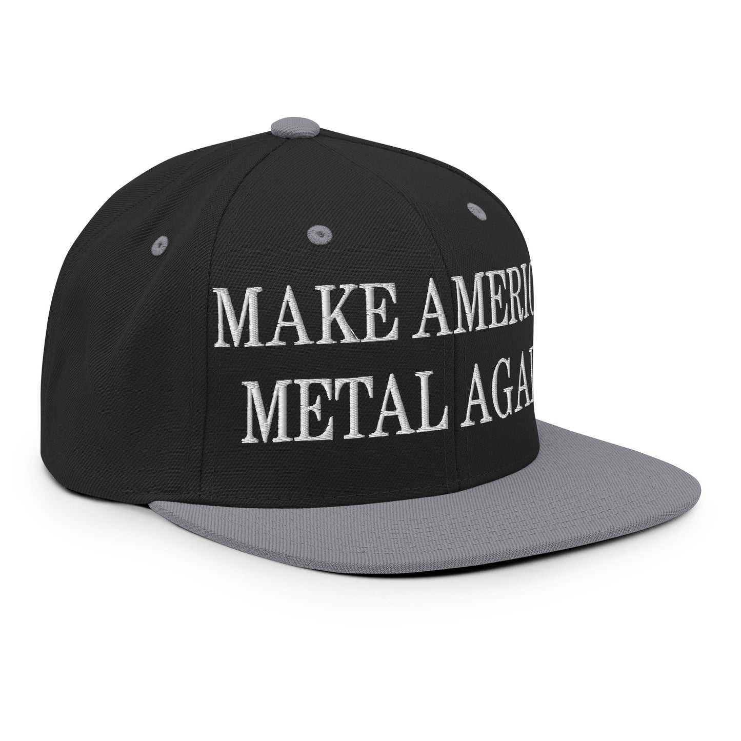 Make America Metal Again Embroidered Flat Bill Brim Snapback Hat Black Silver