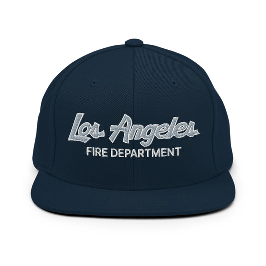 LAFD Los Angeles Fire Department Vintage Sports Script Embroidered Flat Bill Brim Snapback Hat Dark Navy