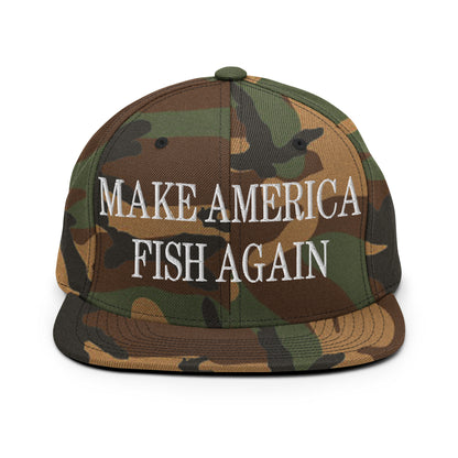 Make America Fish Again Embroidered Flat Bill Brim Snapback Hat Green Camo