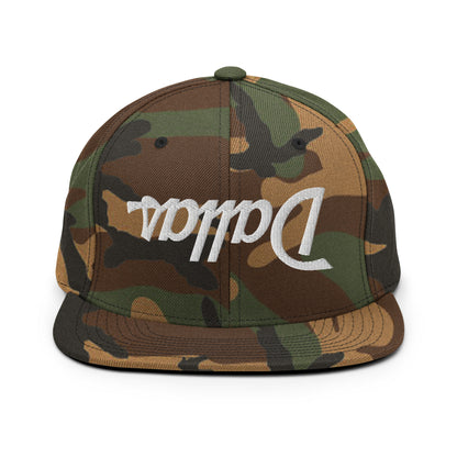 Upside Down Dallas Vintage Sports Script Flat Bill Brim Snapback Hat Green Camo