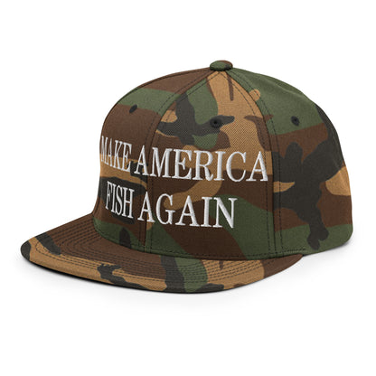 Make America Fish Again Embroidered Flat Bill Brim Snapback Hat Green Camo