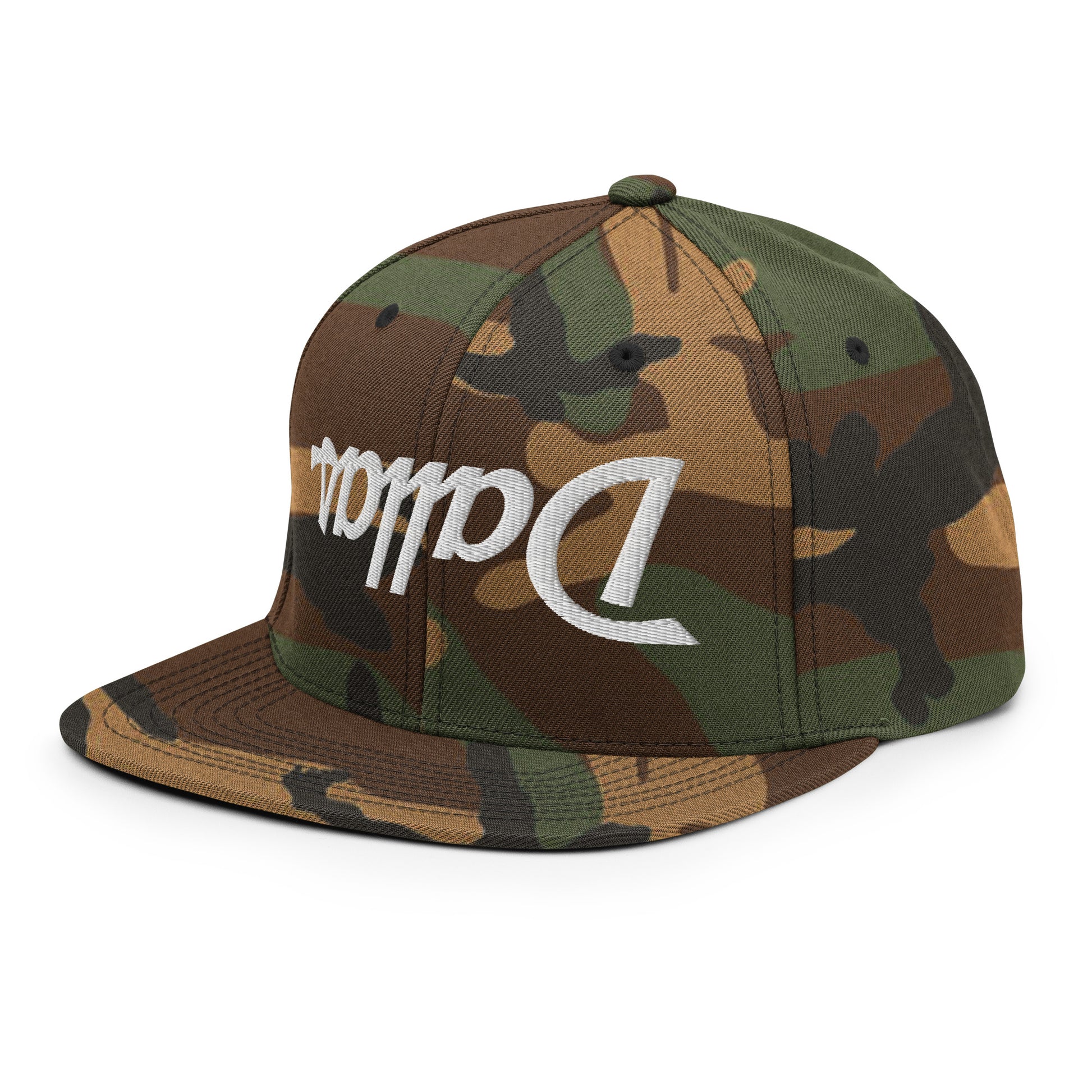 Upside Down Dallas Vintage Sports Script Flat Bill Brim Snapback Hat Green Camo