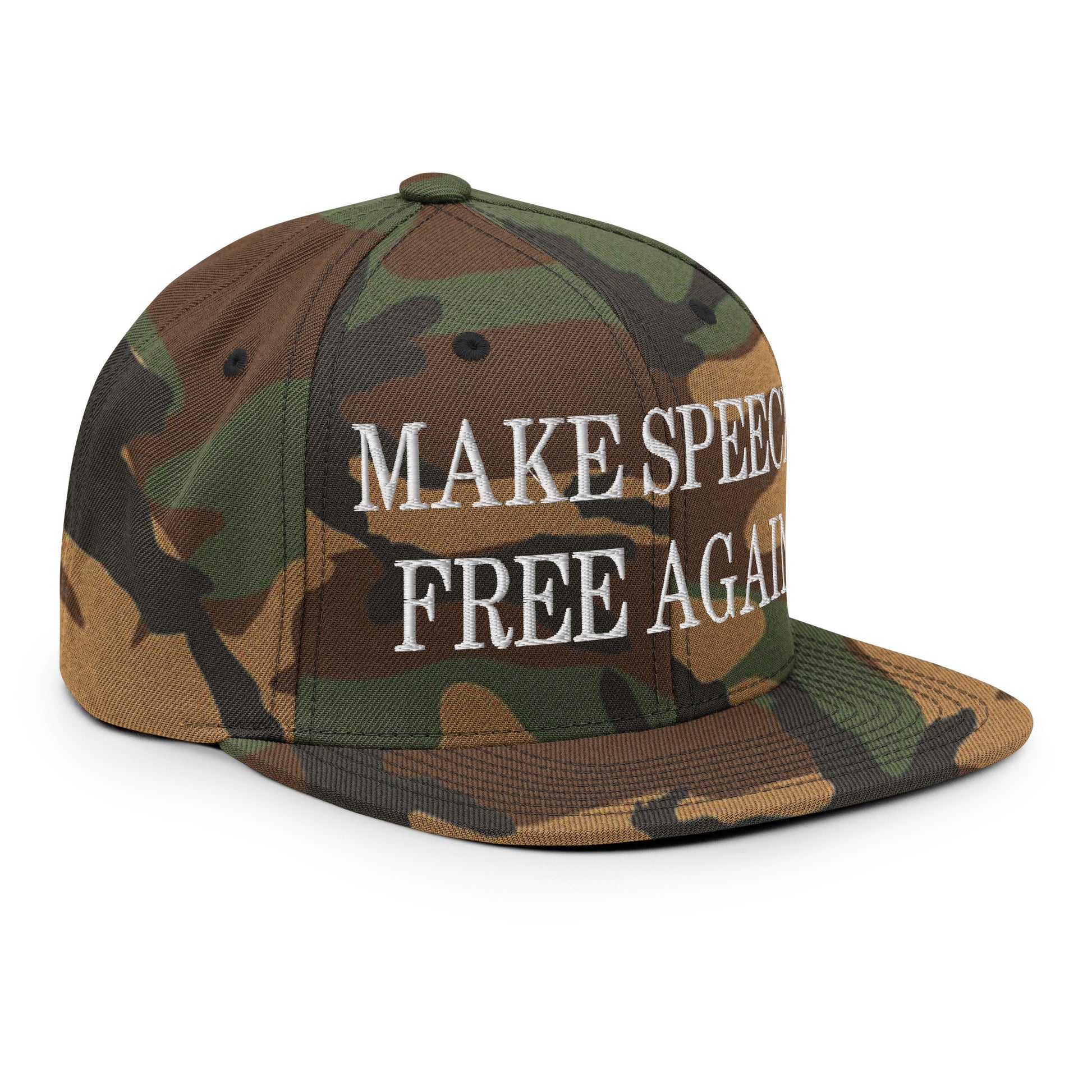 Make Speech Free Again Embroidered Flat Bill Brim Snapback Hat Green Camo