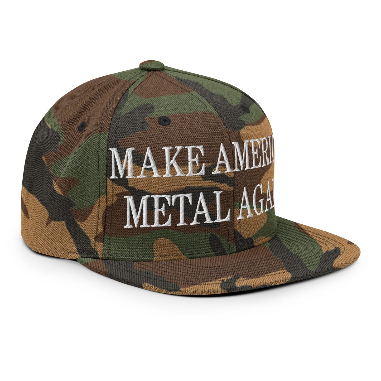 Make America Metal Again Embroidered Flat Bill Brim Snapback Hat Green Camo