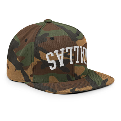 Upside Down Dallas Varsity Letterman Flat Bill Brim Snapback Hat Green Camo