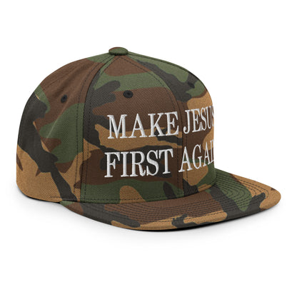 Make Jesus First Again Embroidered Flat Bill Brim Snapback Hat Green Camo