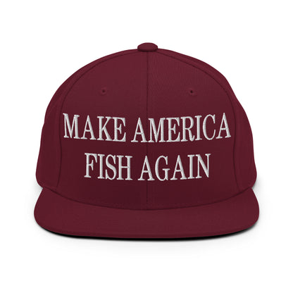 Make America Fish Again Embroidered Flat Bill Brim Snapback Hat Maroon