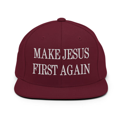 Make Jesus First Again Embroidered Flat Bill Brim Snapback Hat Maroon