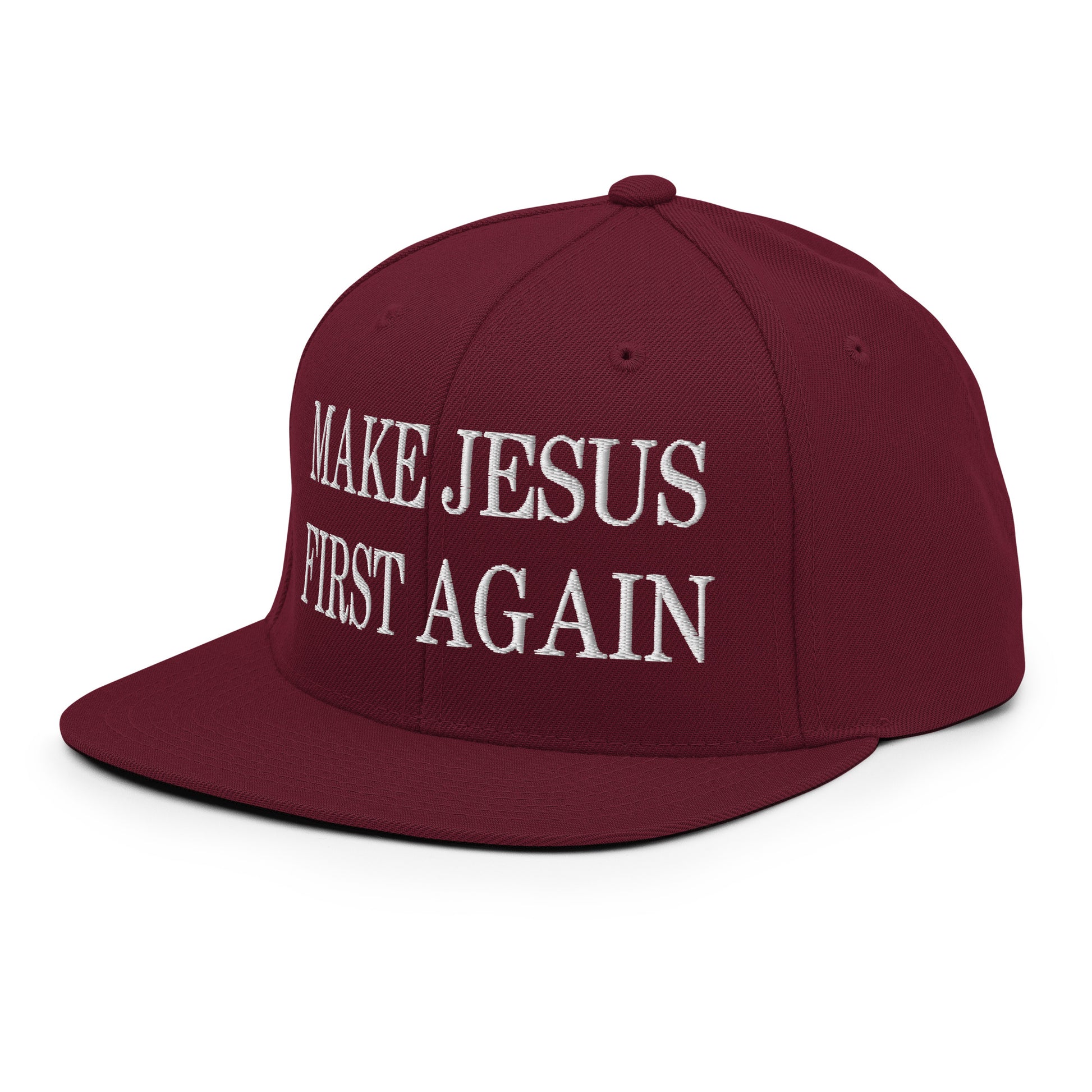 Make Jesus First Again Embroidered Flat Bill Brim Snapback Hat Maroon