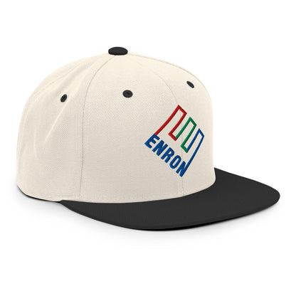 Enron Embroidered Flat Bill Brim Snapback Hat Natural Black