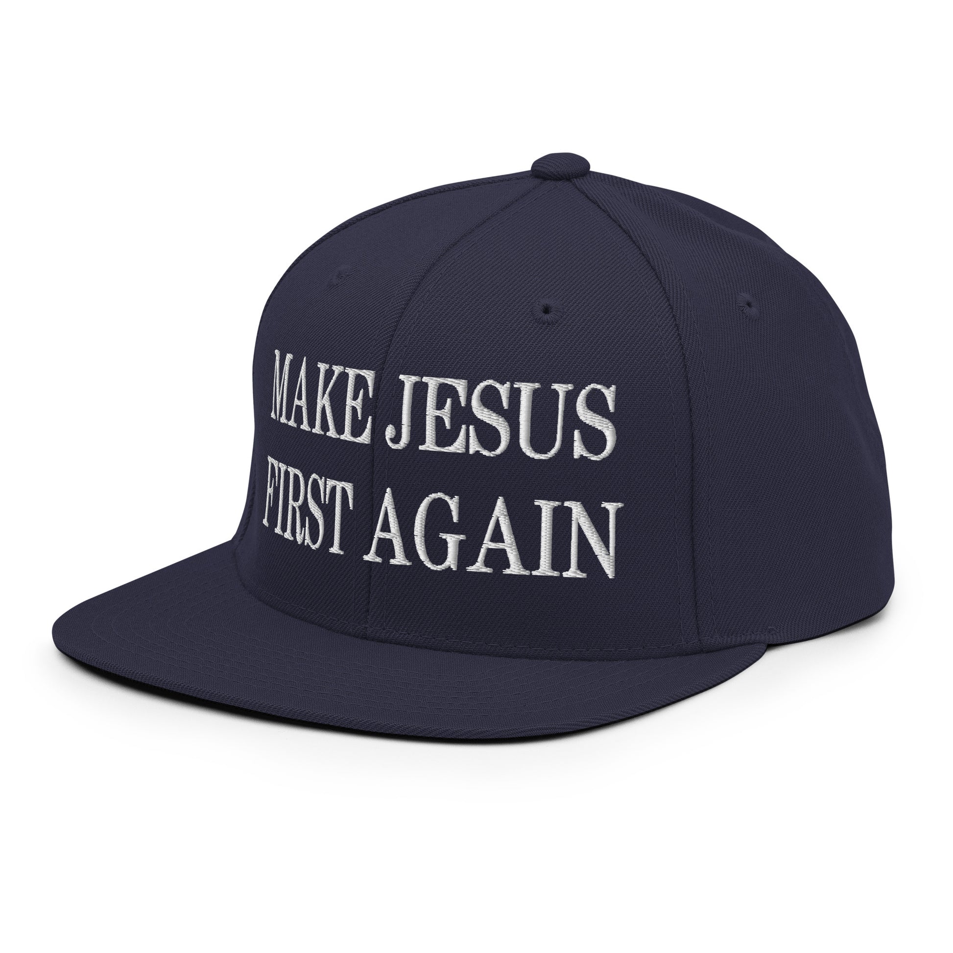 Make Jesus First Again Embroidered Flat Bill Brim Snapback Hat Navy