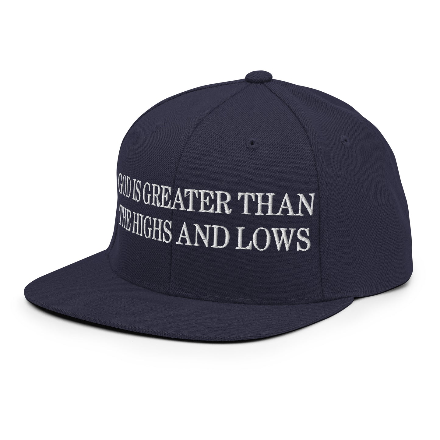 God is Greater than the Highs and Lows Embroidered Flat Bill Brim Snapback Hat Navy