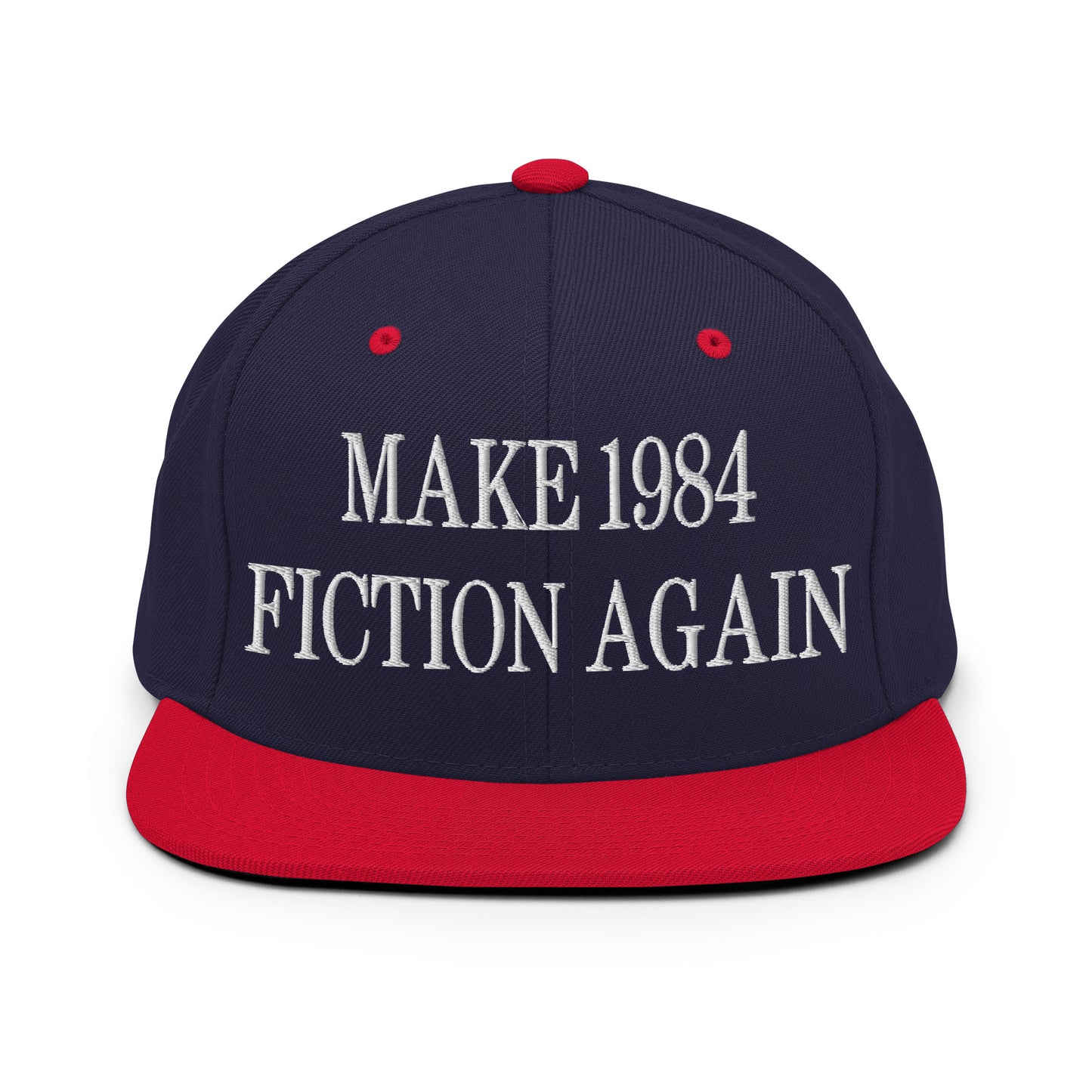 Make 1984 Fiction Again Embroidered Flat Bill Brim Snapback Hat Navy Red