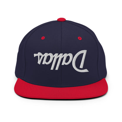 Upside Down Dallas Vintage Sports Script Flat Bill Brim Snapback Hat Navy Red