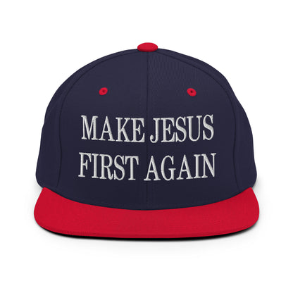 Make Jesus First Again Embroidered Flat Bill Brim Snapback Hat Navy Red